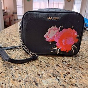 NINE WEST Black with pink flower crossbody bag with silver chain
